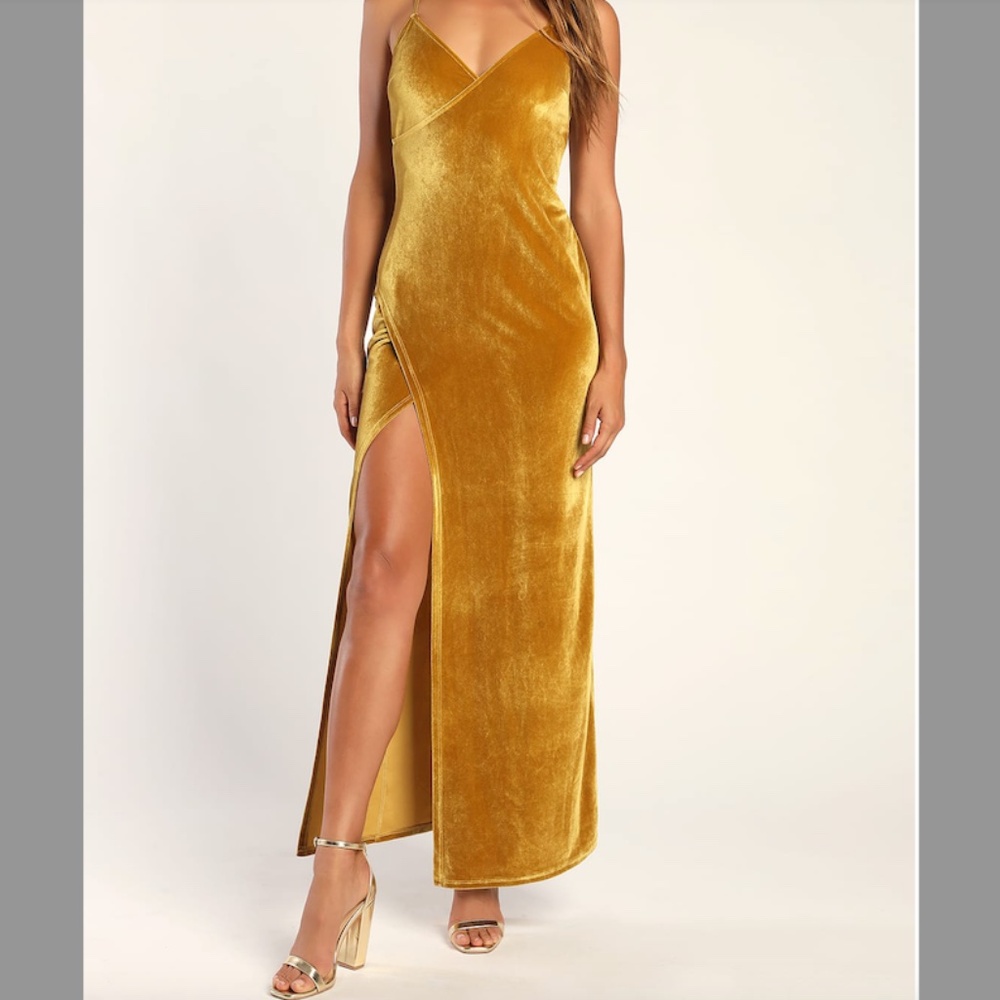 Lulu's Debut Diva Mustard Yellow Velvet Maxi Dress
